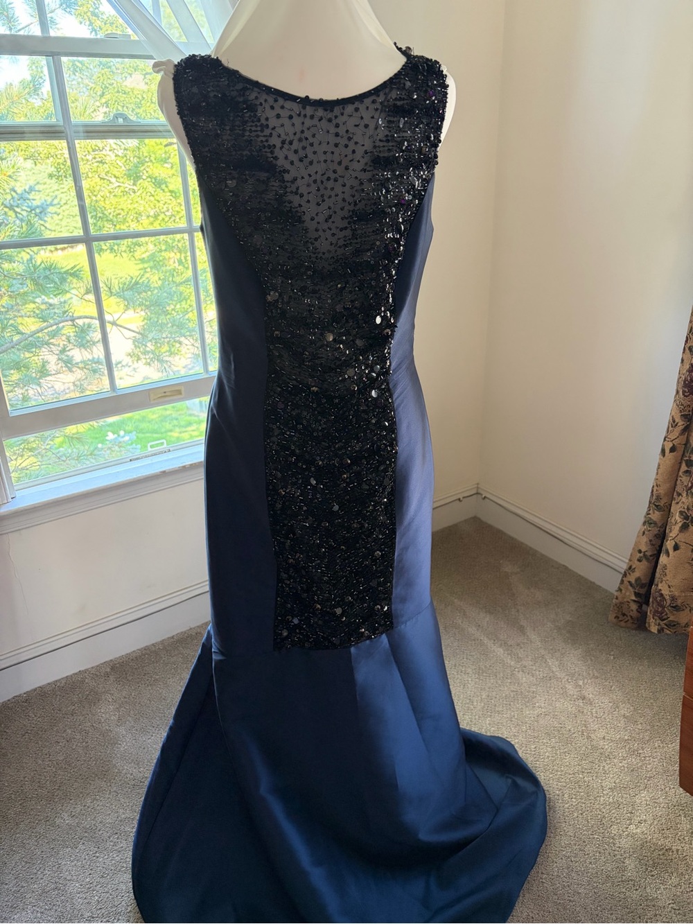 Pamella Roland Navy Maxi Gown with Black Beaded Front Panel